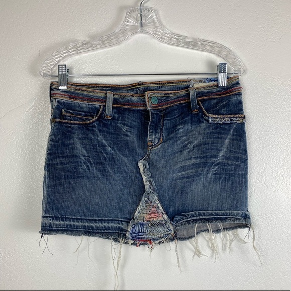Y2K Denim Skirt mini women size 28 micro Patchwork 575  Fray Ram Hem Skirt - Picture 1 of 12